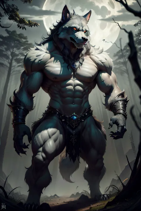 In a moonlit forest, the towering figure of an overbearing werewolf emerges from the depths of darkness.  Its massive frame is adorned with thick, coarse fur, reminiscent of charcoal black clouds billowing ominously in the night sky.  Each strand of fur se...