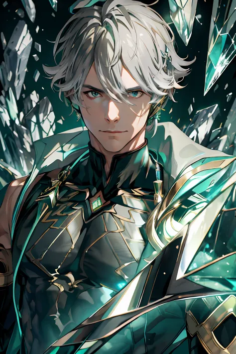 (absurdres, highres, ultra detailed), 1 male, mature, handsome, tall muscular guy, broad shoulders, grey hair, dark teal eyes, a...