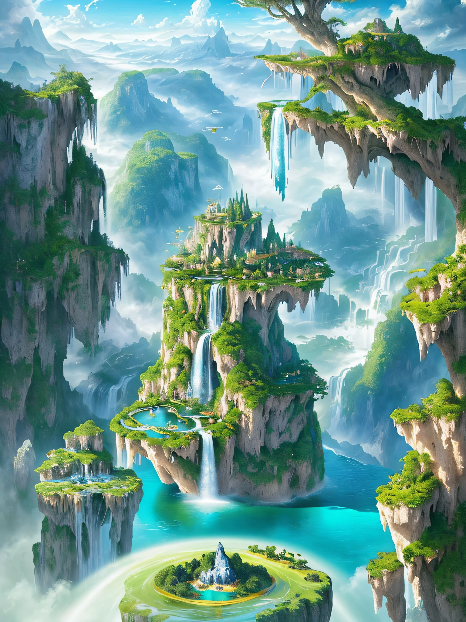 Inspired dreams，breath-taking，hyperrealistic landscape，Floating island cascading waterfalls，Energetic plants that defy gravity，escapefromreality，Miracles and magic，Wall art，album covers，Capture the imagination，illustratio：Hieronymus Bosch和Roger Dean，Surreal landscape，Floating islands，Cascading waterfalls，Vibrant flora，Otherworldly atmosphere。