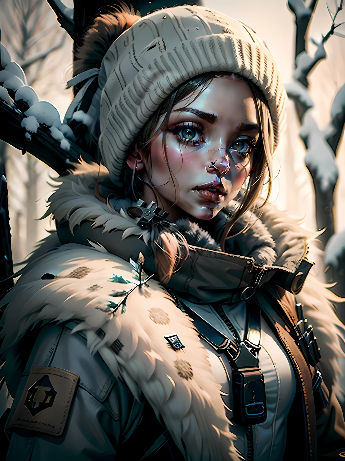 "(survivalist girl AND hunter:1.2), with a bow, in a snowy landscape, intense gaze, parted lips, taking aim at a gazelle, on a branch of a tree, wearing a fur cloak, beautiful girl"