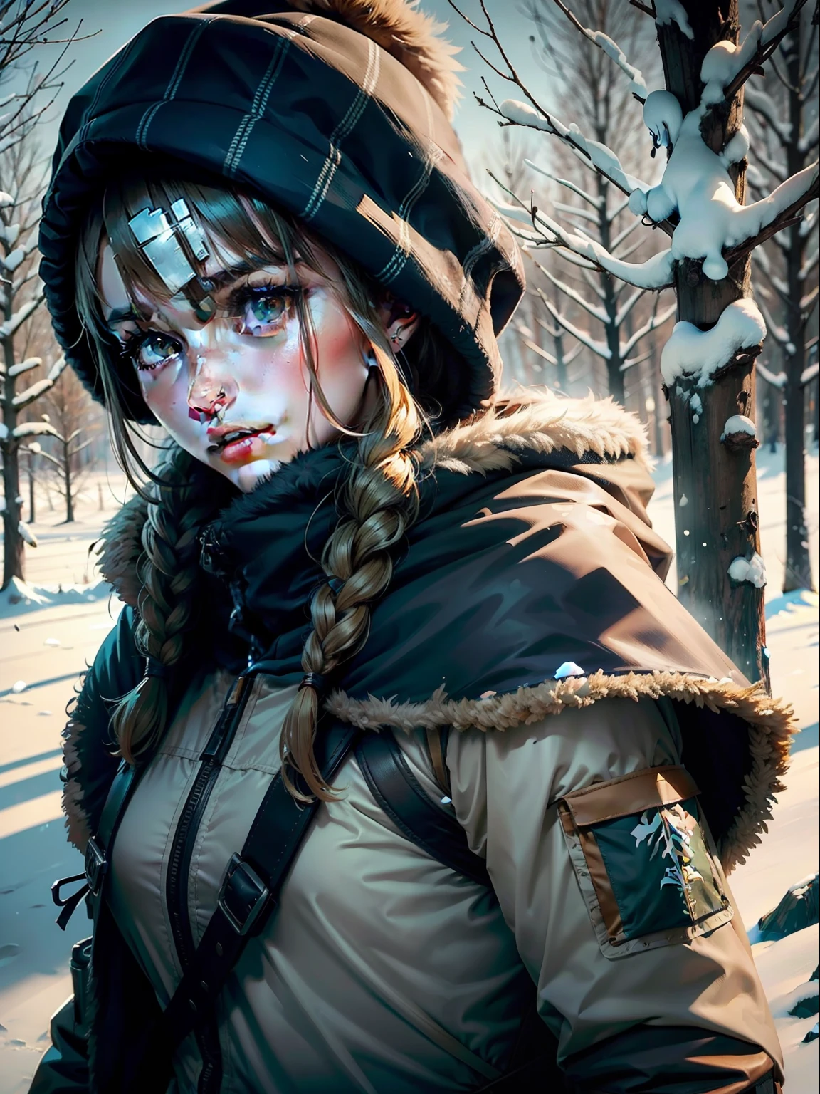 "(survivalist girl AND hunter:1.2), with a bow, in a snowy landscape, intense gaze, parted lips, taking aim at a gazelle, on a branch of a tree, wearing a fur cloak, beautiful girl"