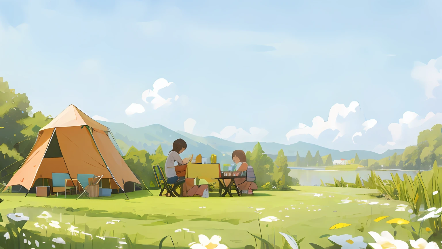 Someone was sitting at a table outside the tent, people on a picnic, people resting on the grass, , having picnic, in a scenic background,, summer setting, families playing, Colorful illustration, Sunny environment