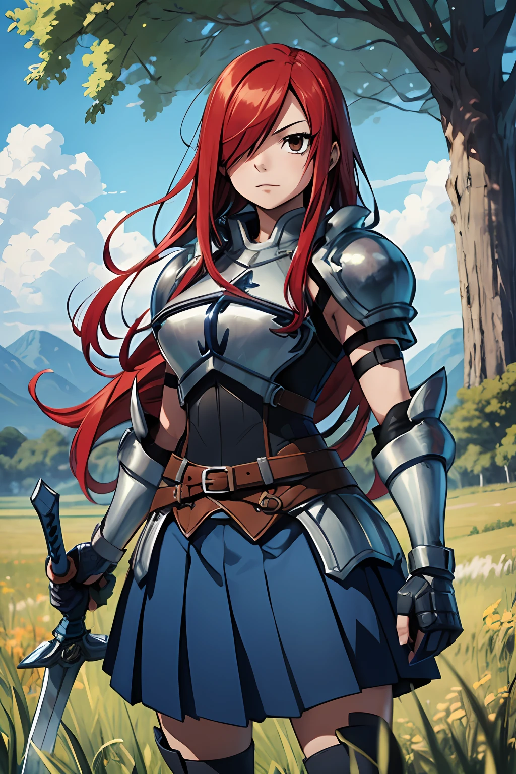 masterpiece, best quality, highres, fairy tail, 1girl, long hair, red hair, brown eyes, armor, shoulder armor, gauntlets, breastplate, armored dress, belt, pleated skirt, blue skirt, hair over one eye, field, grass, standing, cowboy shot, holding weapon, sword,