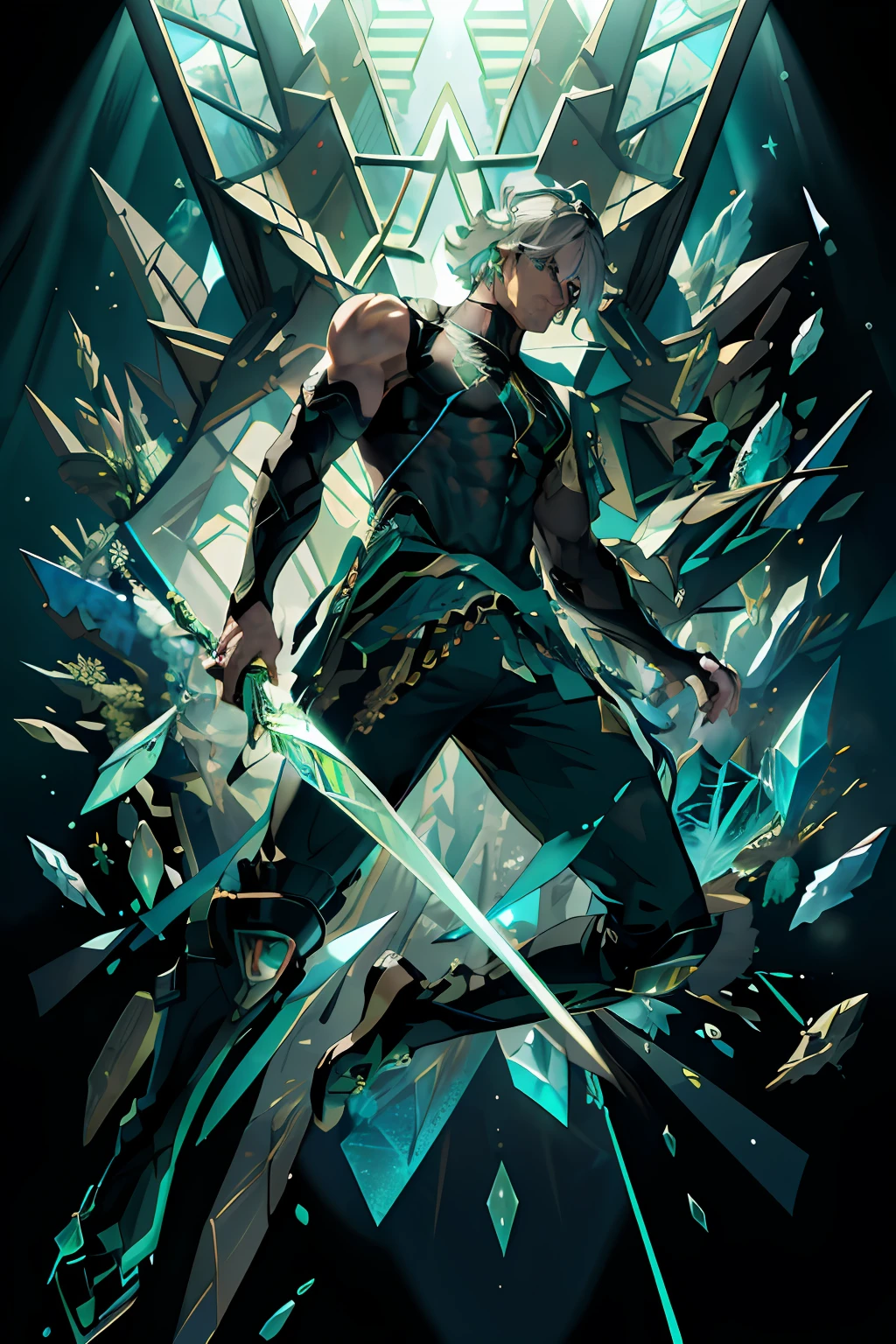 (absurdres, highres, ultra detailed), 1 male, mature, handsome, tall muscular guy, broad shoulders, grey hair, dark teal eyes, alhaitham genshin impact, black sleeveless top, separate black sleeves, dark pants, long fingerless gloves, finely detailed eyes and detailed face, extremely detailed CG unity 8k wallpaper, intricate details, portrait, solo, half shot, detailed background, green crystals shiny sparkly fractals effect, rhombus shape green glass shards, broken glass, broken green mirror, dynamic pose, cinematic light, cinematic shot, ((fullbody shot)), jumpingб holding a green crystal sword in his hand