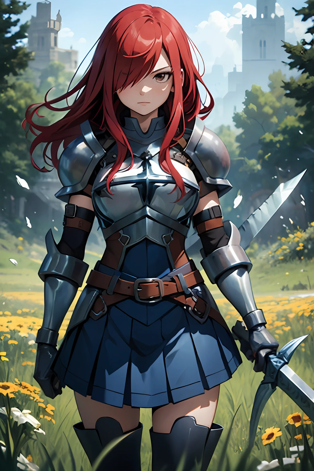 masterpiece, best quality, highres, fairy tail, 1girl, long hair, red hair, brown eyes, armor, shoulder armor, gauntlets, breastplate, armored dress, belt, pleated skirt, blue skirt, hair over one eye, field, grass, standing, cowboy shot, holding weapon, sword,