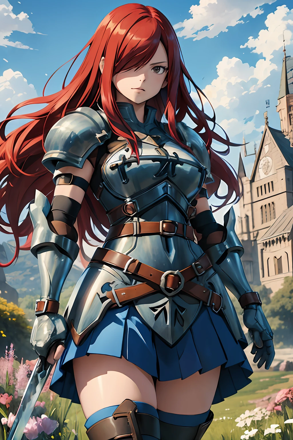 masterpiece, best quality, highres, fairy tail, 1girl, long hair, red hair, brown eyes, armor, shoulder armor, gauntlets, breastplate, armored dress, belt, pleated skirt, blue skirt, hair over one eye, field, grass, standing, cowboy shot, holding weapon, sword,