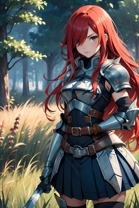 masterpiece, best quality, highres, fairy tail, 1girl, long hair, red hair, brown eyes, armor, shoulder armor, gauntlets, breast...