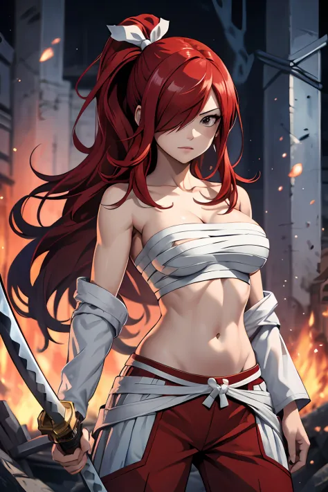 masterpiece, best quality, highres, fairy tail, 1girl, long hair, red hair, ponytail, white ribbon, hair over one eye, brown eyes, large breasts, collarbone, chest sarashi, bandage, bare arms, midriff, red hakama, red pants, standing, holding weapon, sword...