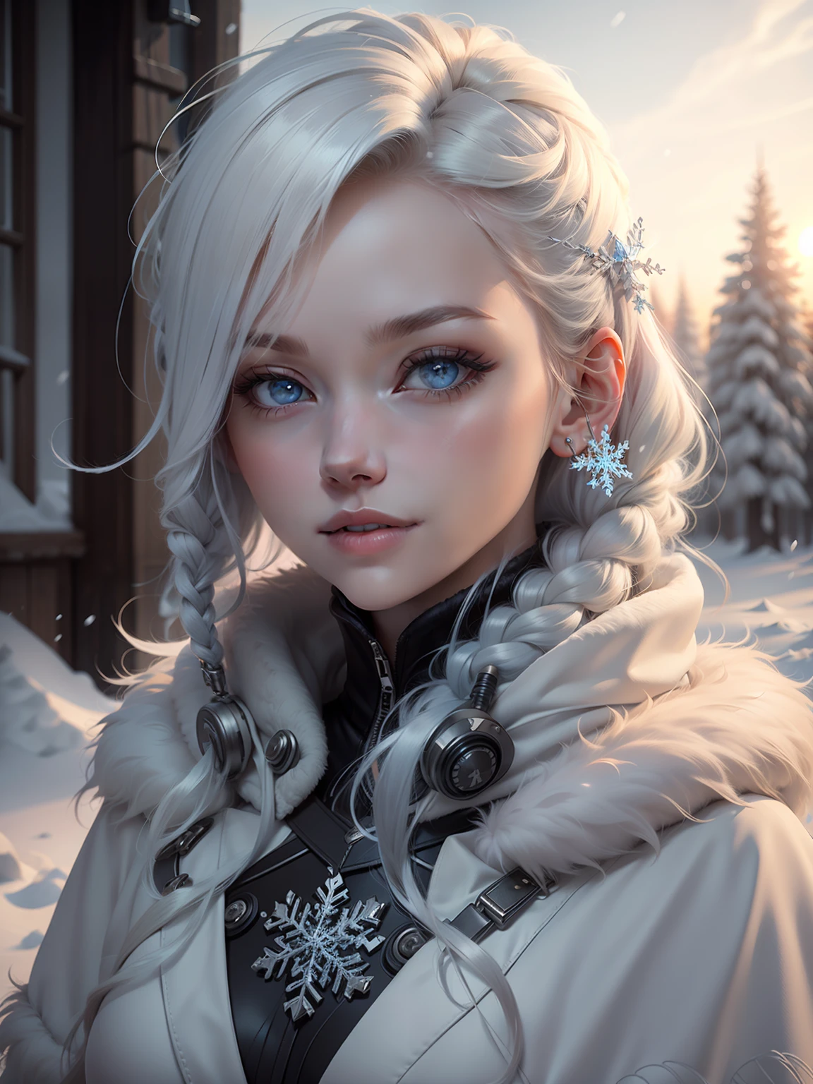 survivalist beautiful girl, in a snowy landscape, intense gaze, parted lips, wearing a fur cloak, beautiful girl, masterpiece, detailed, 4k, anatomically correct, snowflake, white hair, smile, long hair, shiny hair, shiny eyes, expressive hair, bloom, sunset, bloom, ray tracing, blue eyes