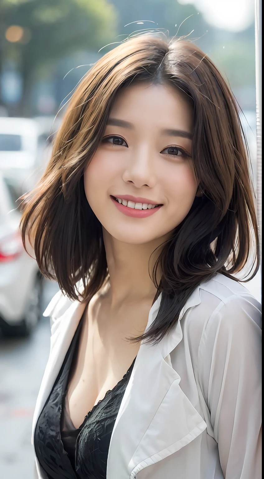 ((best qualtiy, 8K, tmasterpiece:1.3)), Focus:1.2, perfect figure beautiful woman:1.4,, ((Cut hair in layers, Beautiful breasts:1.2)),(rain, street:1.3)，Highly detailed facial and skin texture, A detailed eye, double eyelid，Whiten skin，long whitr hair，ssmile