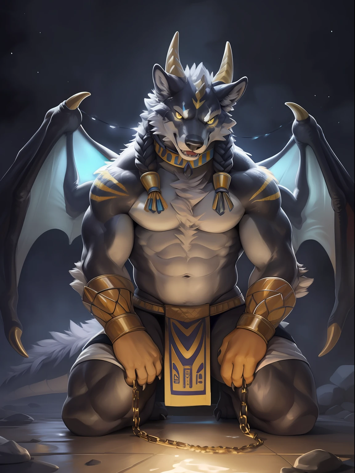 Solo, Male, (Muscular), sacrifices, (male anthro wolf):1.3, Pure black body,Kneel, (Kamimei):1.3, (komono:1.4) (DOA):1.23, (, The pure white loincloth is worn off，white bathrobe）, Detailed eyes, lizard tail,A pair of dragon horns, A pair of dragon wings，((half-body portrait)), (Detailed eyes, One yellow eye has always been red, Black skin，Yellow stripes，Sharp claws，Cute beast claws，drools，Fluid spills from the lower body，Milk spilled all over the floor，Egyptian costumes，Egyptian totem，Abinus，glowing light eyes):1.1, (exteriors:1.35), altar, firey, fumo, In the bath, the night,foggy atmosphere， Be red in the face，Kneel，Collar，Cages，Chains bind hands and bodies，submit to，drunk，enjoying，looking to the camera，having fun（Particle，glowworm，blue glowing）：1.3，detailedbackground，realisticlying，realistic hand，8k hdr，（Dark shadows，Wide dynamic range，hdr，low-light：1.2），author（pino daeni，（author：by ruaidri），author：virtyalfobo）