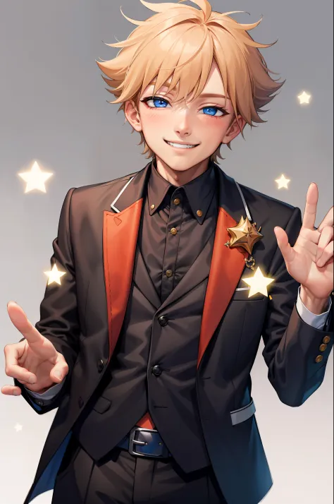 (1 boy:1.2), (formal clothes), (smiling), (winking with the left eye:1.1), (bright lighting), (neutral background)