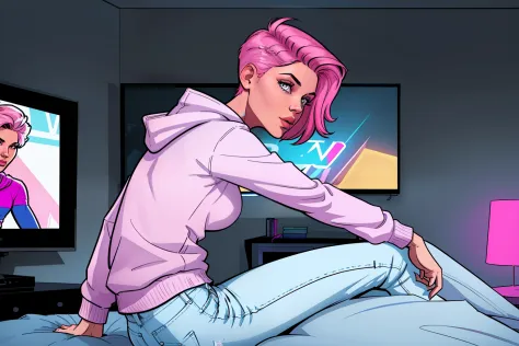 woman, sitting on bed, watching news on TV, inside bedroom, backside view, TV on the background, night time, detailed short pink hair Short Side Comb haircut, wearing a white hoodie, denim pants, comic book style, flat shaded, prominent comic book outline ...