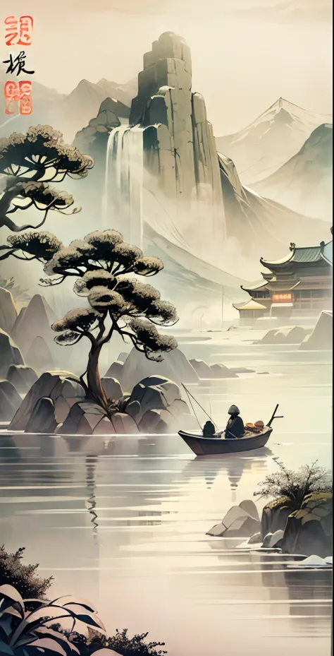 Traditional Chinese style，Black and white Chinese ink painting，water ink，ink，Smudge，Winters，nevando，Oyuki，In the distance, The mountains on all sides are covered with thick snow，On an empty and wide irregular circular lake, On a lonely ship, An old man of ...