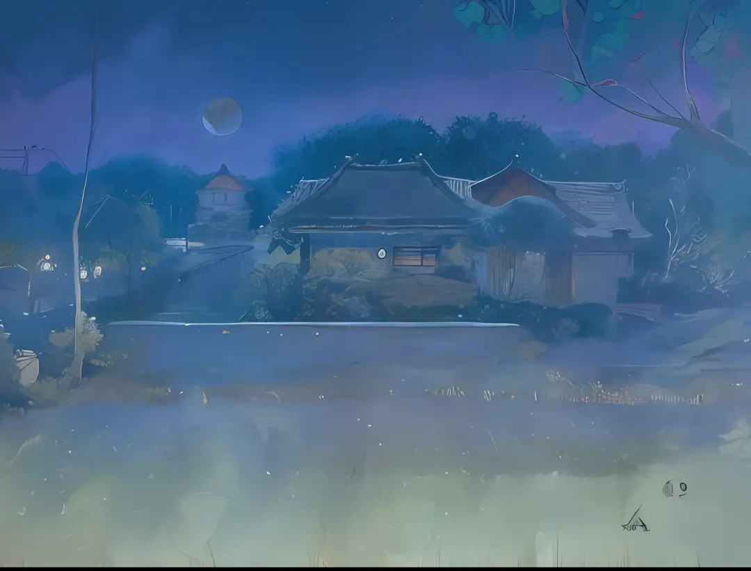 Paint a house in a field，There is a full moon in the sky, moonlit kerala village, carlos shwabe, nightime village background, inspired by Matsumura Goshun, Granular matte painting, Japanese-style villa West Dermead, painting of a dreamscape, author：Fuyuko ...