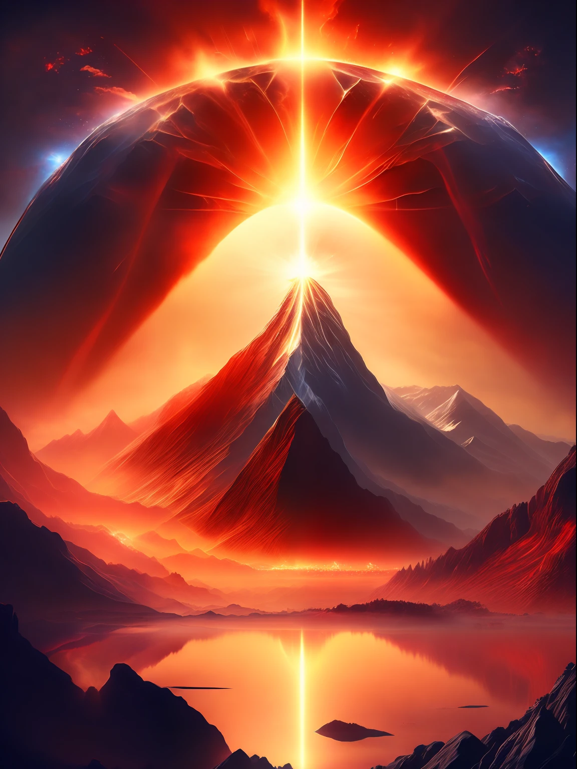 Best quality, masterpiece, ultra high res, (photorealistic:1.4), raw photo,Land of Heavens, mountains illuminated by a fire, fire descending and ahead a to Lord of the Rings, Sauron, fantasy, red tones, T-shirt design, midjourney, vector art, hydro74, solar flares, halo effects, suite, cinematic lighting, serene bliss, diffused light, daylight, god rays, sun rays, chromatic abberation, caustics