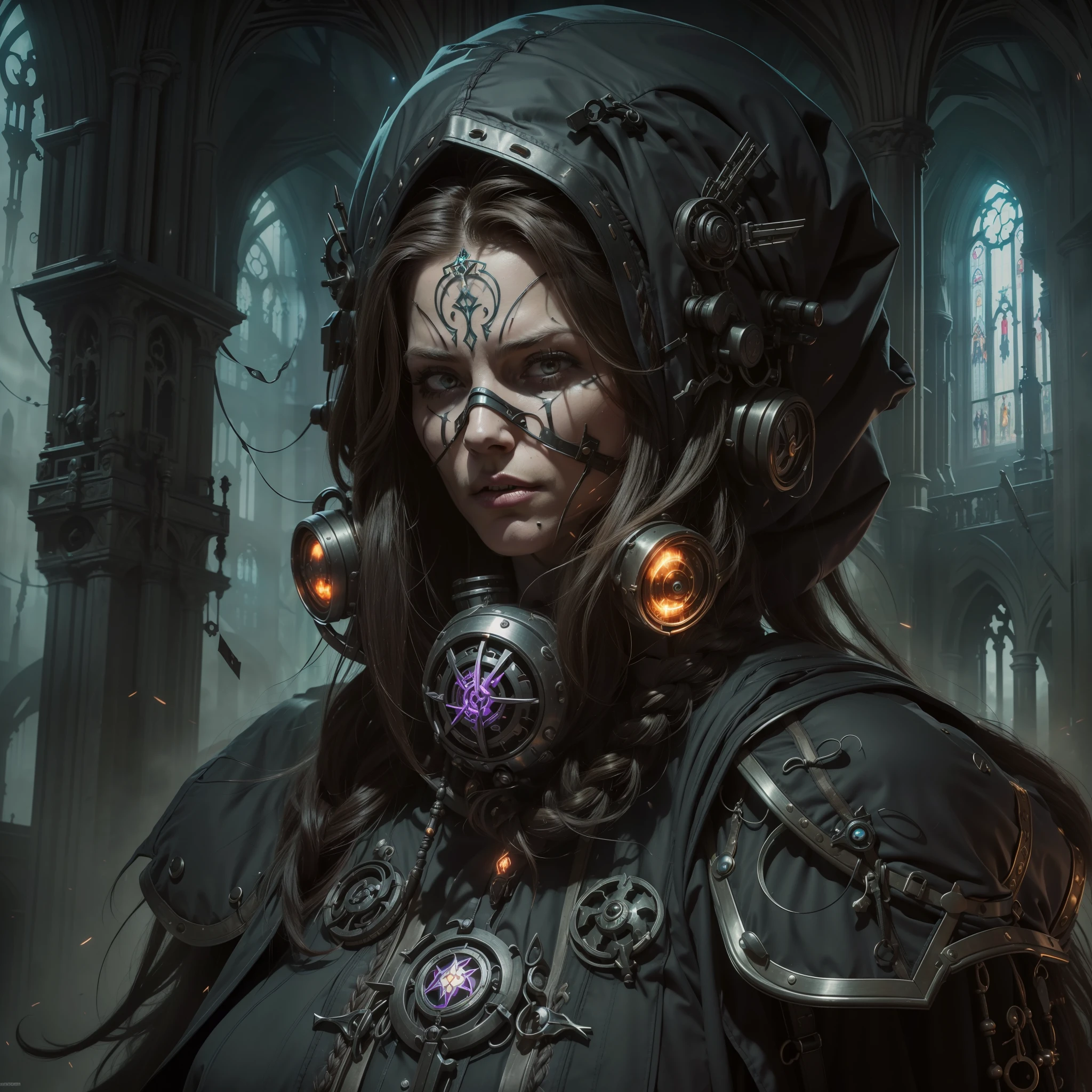 req:
`RAW photography, female techpriest,  wh40k, dark future, dark fantasy, heavy face cyberware, (breathing mask:1.1), tubes, one mechanical limb, cybernetic eyes, eyes visible, amalgation of flesh and machine, human parts, cyborg, (partially human:1.2), (one face half fully human:1.4), wearing adeptus mechanicus robes, hooded, (long hair, one very thick braid falling out of hood:1.15), breathing tube, standing in an epic gothic cathedral full of banners incense and servitors, cloudy, foggy, smoky, (volumetric lighting:1.1), (multicolored churchwindow godrays:1.1), (good visible godrays:1.0), dark scene, intricate shadows, shadowy scene,
(huge breasts, massive breasts, gigantic breasts:1.2),` 
you can change body stuff around with loras or whatever you like, doesn't even need to have big booba and stuff, just get out your inner techpriest