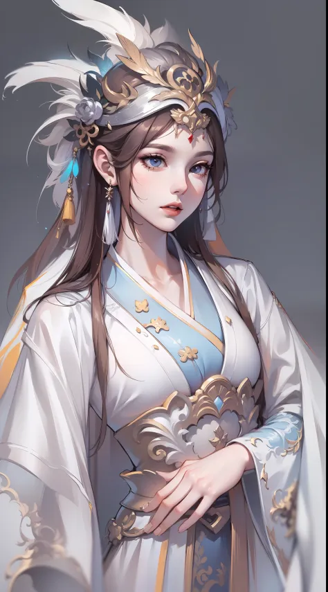 1 woman, feather, full body, white background, xianxia, gorgeous hanfu, headdress, high detail, sketch, denoising, cinematic gra...