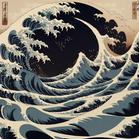 Design de arte de linha estilo Katsushika Hokusai, wave pattern design shades of and oranges dark blue Hokusai style. Estilo Ukiyo-e na mais alta qualidade, high-resolution masterpiece. Artistic style, 1:1, estilo ukiyo-e, arte vetorial 3D, Adobe Illustrat...