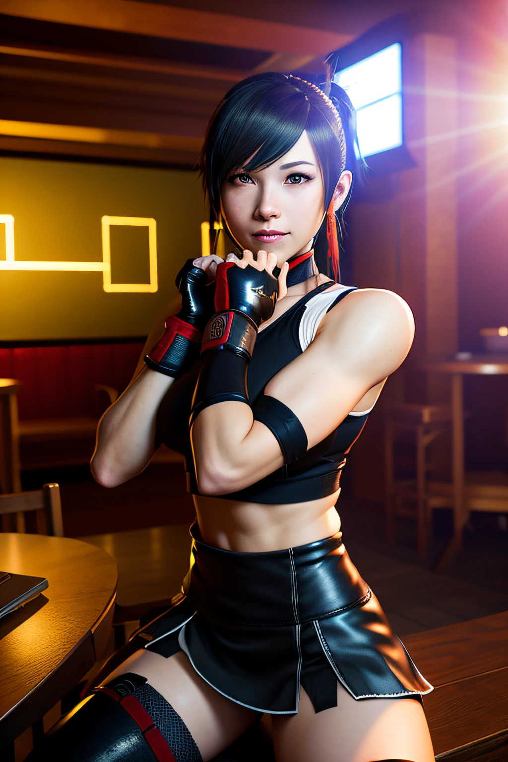 (8k, best quality, masterpiece:1.2), (realistic, photo-realistic:1.37), ultra-detailed,
A detailed portrait of Tifa Lockhart from Final Fantasy VII Remake sitting at a detailed cafe in the cityscape on a date, looking cute and solo with beautiful detailed eyes and a nose blush. She wears a single elbow pad, ankle boots, a black skirt, black thigh-highs, and red boots, along with elbow gloves, elbow pads, and fingerless gloves. Her outfit includes a sports bra, suspender skirt, thigh-highs, and a white tank top. Her full body is visible with her head resting on her hand, showcasing her pretty face, low-tied long hair, and lips. The scene is illuminated with professional lighting, photon mapping, and radiosity, with Tetsuya Nomura Style and a cyber-futuristic feel. The background features yellow flowers and a bokeh effect. Tifa has a small smile and closed mouth.