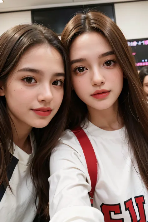 two young girls taking a selfie with their cell phones, cute girls, gorgeous faces, closeup faces, 8k selfie photograph, beautif...