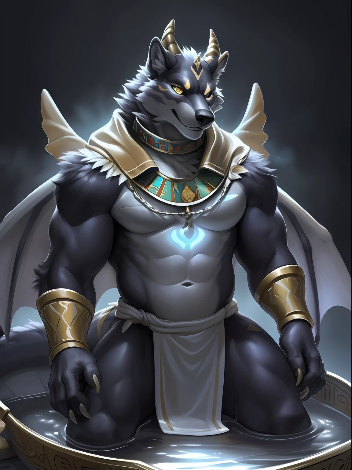 Solo, Male, (Muscular), sacrifices, (male anthro wolf):1.3, Pure black body,Kneel, (Kamimei):1.3, (komono:1.4) (DOA):1.23, (, Pure white loincloth wearing，white bathrobe）, Detailed eyes, lizard tail,A pair of dragon horns, A pair of dragon wings，((half-body portrait)), (Detailed eyes, Yellow eyes are always red, Black skin，Yellow stripes，Sharp claws，Cute beast claws，drools，Fluid spills from the lower body，Milk spilled all over the floor，Egyptian costumes，Egyptian totem，Abinus，glowing light eyes):1.1, (exteriors:1.35), altar, firey, fumo, In the bath, the night,foggy atmosphere， Be red in the face，Kneel，Collar，Chains bind hands and bodies，submit to，drunk，enjoying，looking to the camera，having fun（Particle，glowworm，blue glowing）：1.3，detailedbackground，realisticlying，realistic hand，8k hdr，（Dark shadows，Wide dynamic range，hdr，low-light：1.2），author（pino daeni，（author：by ruaidri），author：virtyalfobo）