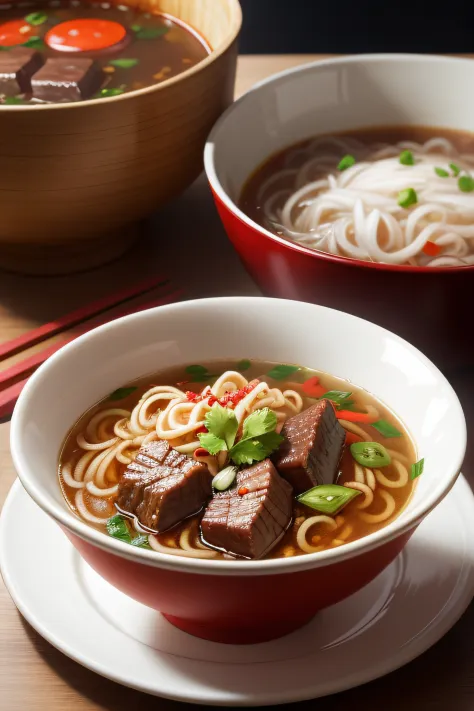 Only a bowl of beef noodles，Red oil soup，Chongqing small noodles，White bowl，Looks delicious