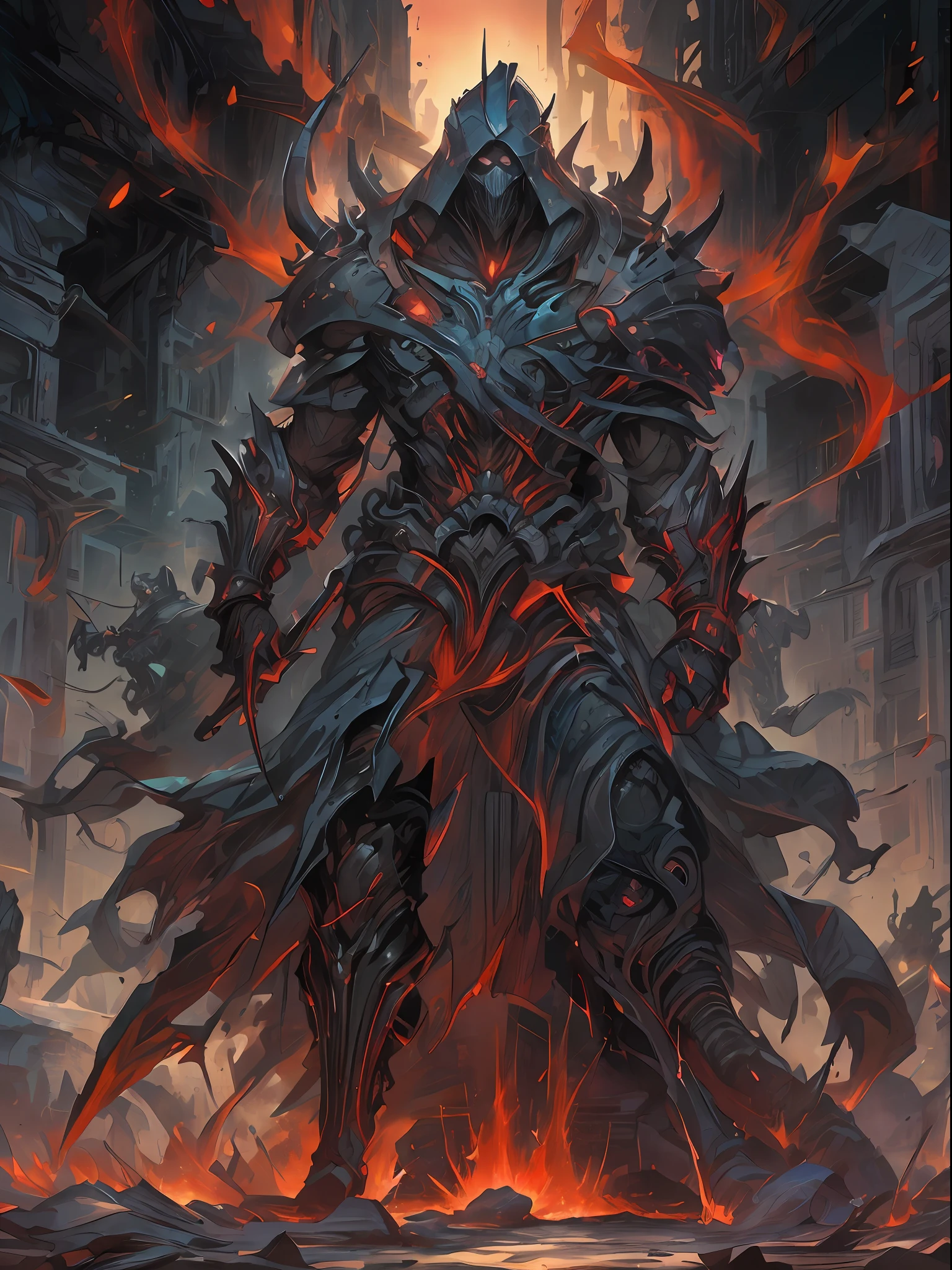 Big man,marks and symbols on the body,long thin hair,Red hood,Espada gigante de souls en pena,dark,souls,demonic gloves,masiba armor,armadura de souls en pena,devil, fire, hellish horse of fire and lava,Red eyes,bright blue eyes, hell, apocalyptic,End of the world, Lado dark,ruin, war, Darksiders , Era (Darksiders), artwork,Guerrero,enviado del hell,Horseman of the Apocalypse,death,blood,destruction,hunger,struggle,rage,devastated city,edificios en ruins,destroyed streets,dust and particles in the air,many victims around,devils muertos,devils descuarisados y sangrando,stuck sword,buried sword,espada con blood,scary look,MYSTERY