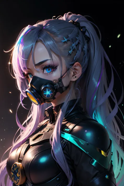 Create a glitched anime profile picture that has a gas mask on, Broken Glass effect, no background, stunning, something that even doesn't exist, mythical being, energy, molecular, textures, iridescent and luminescent scales, breathtaking beauty, pure perfe...