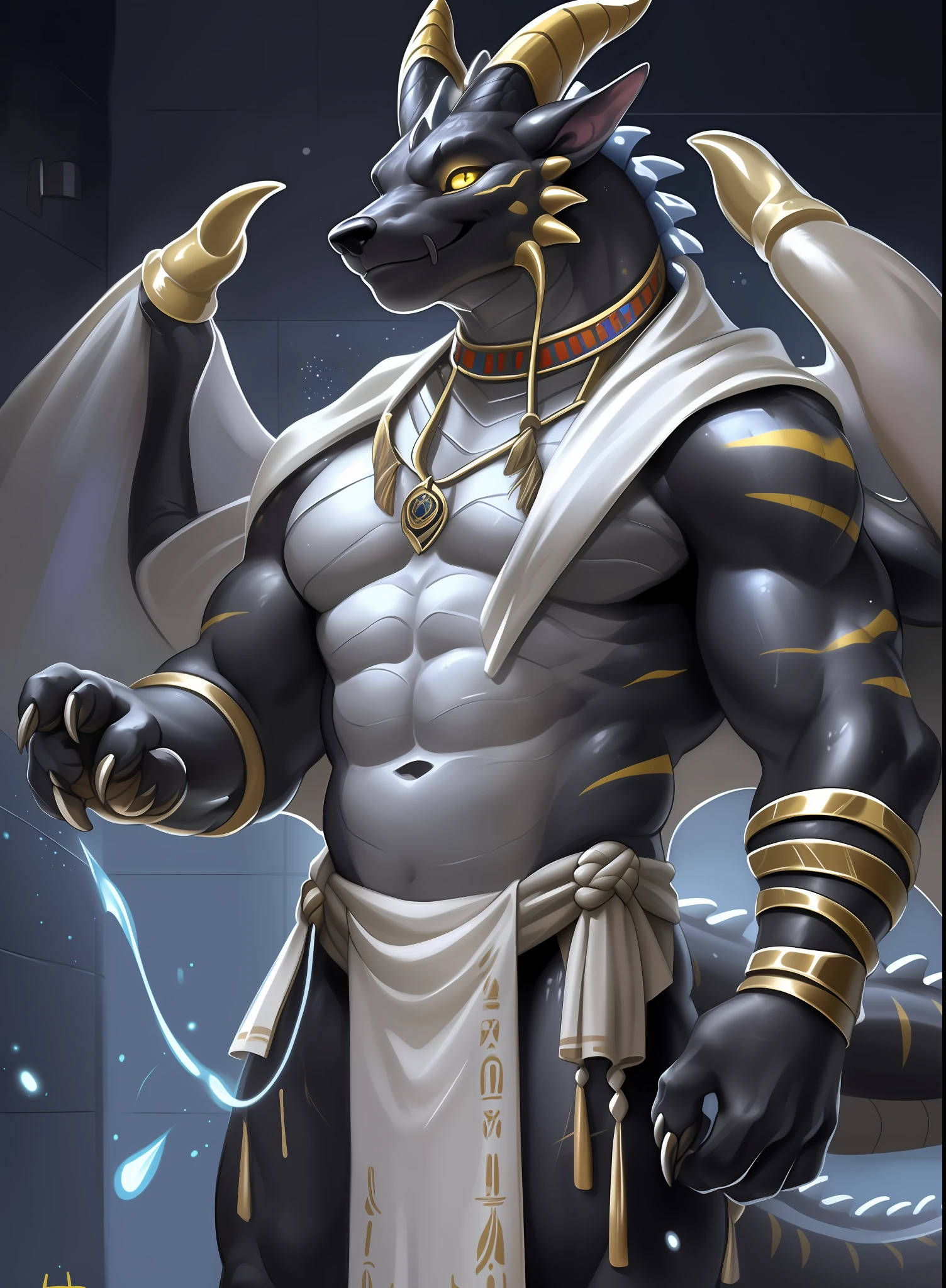 Solo, Male, (Muscular), sacrifices, (male anthro wolf):1.3, Pure black body, (Kamimei):1.3, (komono:1.4) (DOA):1.23, (, Plain white loincloth wearing，Wear a white bathrobe）, Detailed eyes, lizard tail,A pair of dragon horns, A pair of dragon wings，((half-body portrait)), (Detailed eyes, Yellow eyes are always red, Black skin，Yellow stripes，Sharp claws，Cute beast claws，drools，Fluid spills from the lower body，Milk spilled all over the floor，Egyptian costumes，Egyptian totem，Abinus，glowing light eyes):1.1, (exteriors:1.35),  In the bathroom，taking a shower，Bright lights， Be red in the face，Collar，submit to，drunk，enjoying，looking to the camera，having fun（Particle，glowworm，blue glowing）：1.3，detailedbackground，realisticlying，realistic hand，8k hdr，（Dark shadows，Wide dynamic range，hdr，low-light：1.2），author（pino daeni，（author：by ruaidri），author：virtyalfobo）