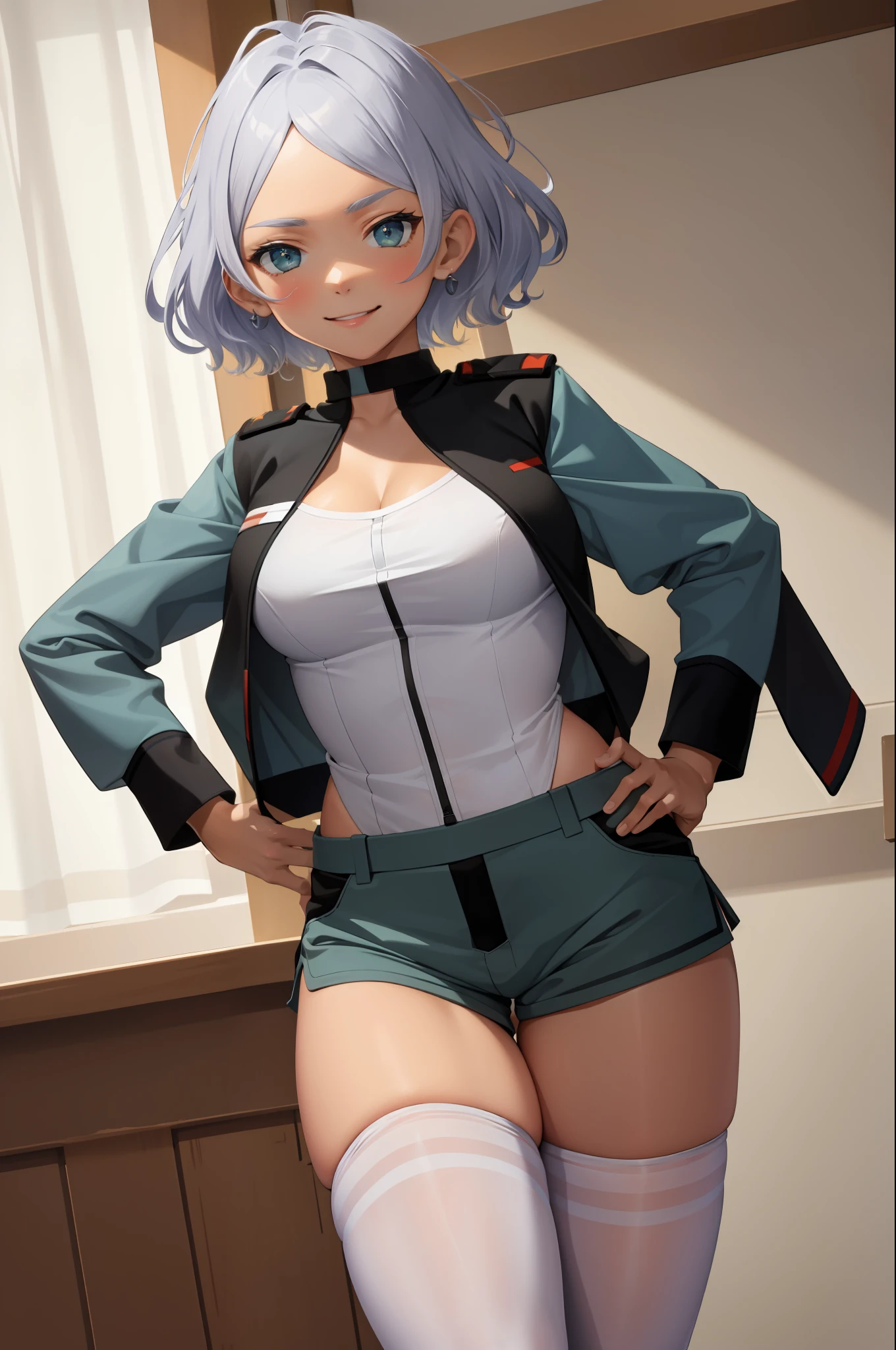 masterpiece, best quality, absurdres, perfect anatomy, 1girl, solo, Secelia Dote, short hair, SeceliaUniform, asticassia school uniform, partially unzipped, green shorts, white thighhighs, standing, smile, indoors, hands on hips, breasts