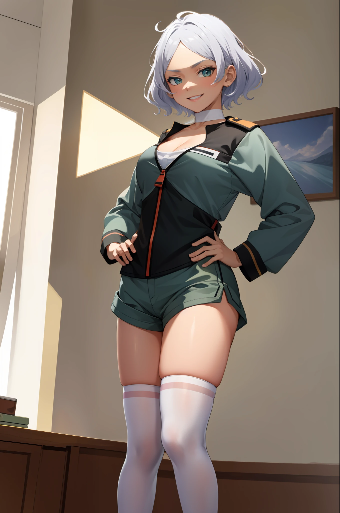 masterpiece, best quality, absurdres, perfect anatomy, 1girl, solo, Secelia Dote, short hair, SeceliaUniform, asticassia school uniform, partially unzipped, green shorts, white thighhighs, standing, smile, indoors, hands on hips, breasts