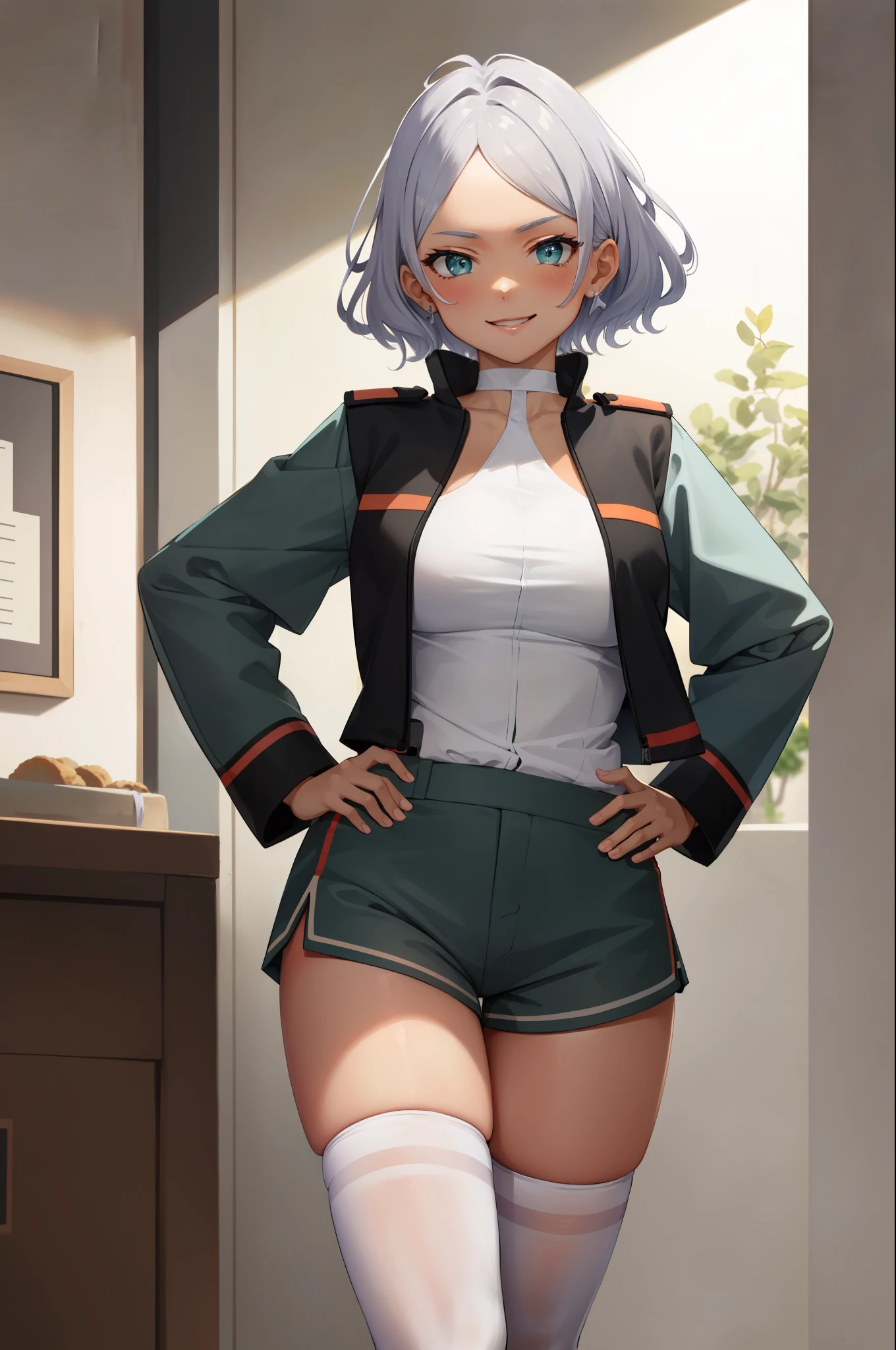 masterpiece, best quality, absurdres, perfect anatomy, 1girl, solo, Secelia Dote, short hair, SeceliaUniform, asticassia school uniform, partially unzipped, green shorts, white thighhighs, standing, smile, indoors, hands on hips, breasts