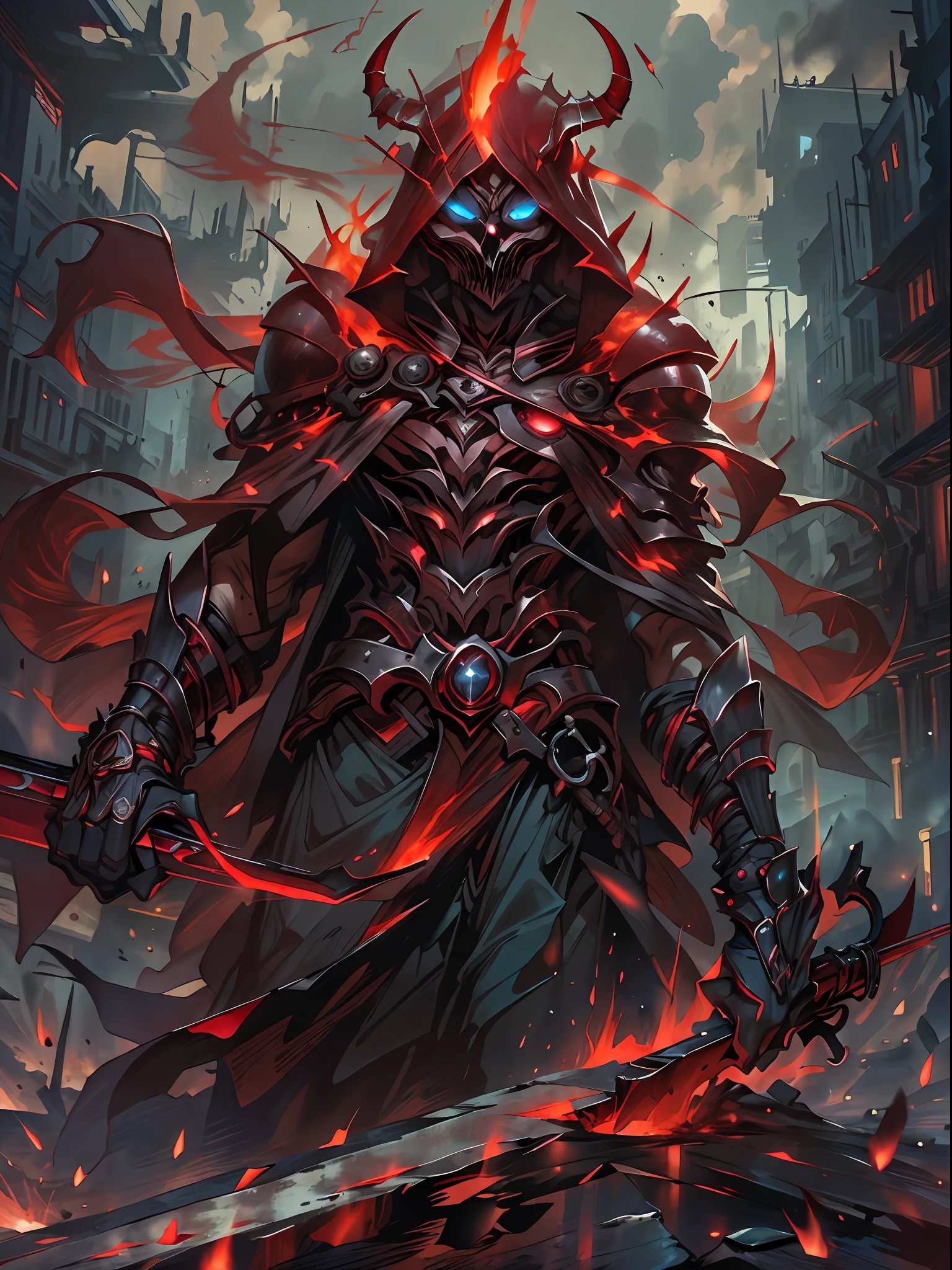 Big man,marks and symbols on the body,long thin hair,Red hood,Espada gigante de souls en pena,dark,souls,demonic gloves,masiba armor,armadura de souls en pena,devil, fire, hellish horse of fire and lava,Red eyes,bright blue eyes, hell, apocalyptic,End of the world, Lado dark,ruin, war, Darksiders , Era (Darksiders), artwork,Guerrero,enviado del hell,Horseman of the Apocalypse,death,blood,destruction,hunger,struggle,rage,devastated city,edificios en ruins,destroyed streets,dust and particles in the air,many victims around,devils muertos,devils descuarisados y sangrando,stuck sword,buried sword,espada con blood,scary look,MYSTERY