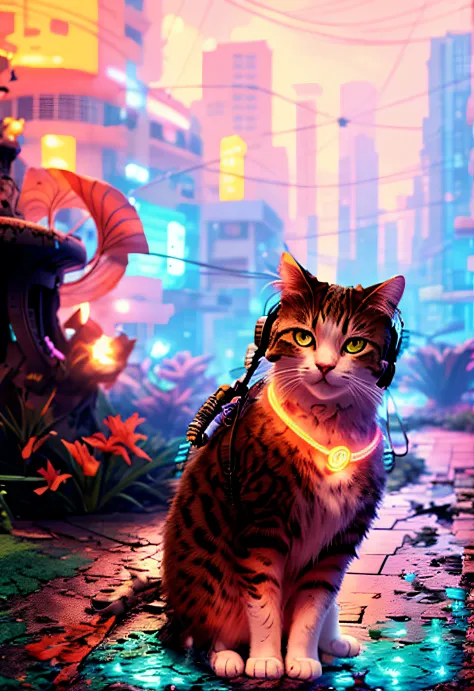 A cat with headphones and a jacket is sitting on a large lily leaf in a fountain. Cyberpunk and post-Soviet modernism  style the...