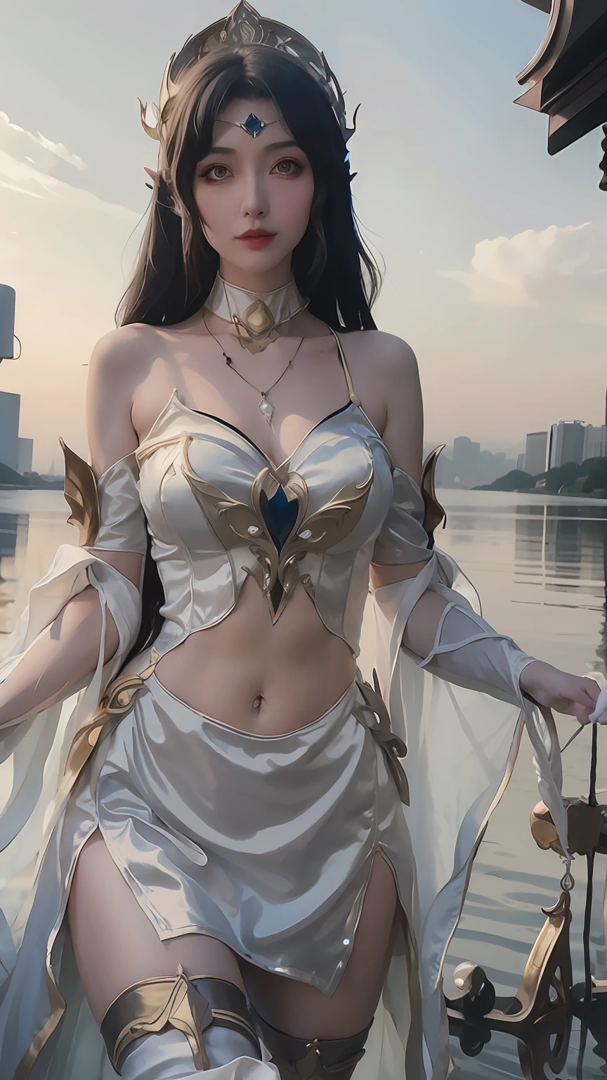 Arad woman in white dress poses on boat, Irelia from League of Legends, Gorgeous Role Play, cinematic goddess body shot, Anime goddess, by Yang J, Anime girl cosplay, elegant glamourous cosplay, morgana from league of legends, By Leng Mei, from league of legends, Irelia, ahri from league of legend