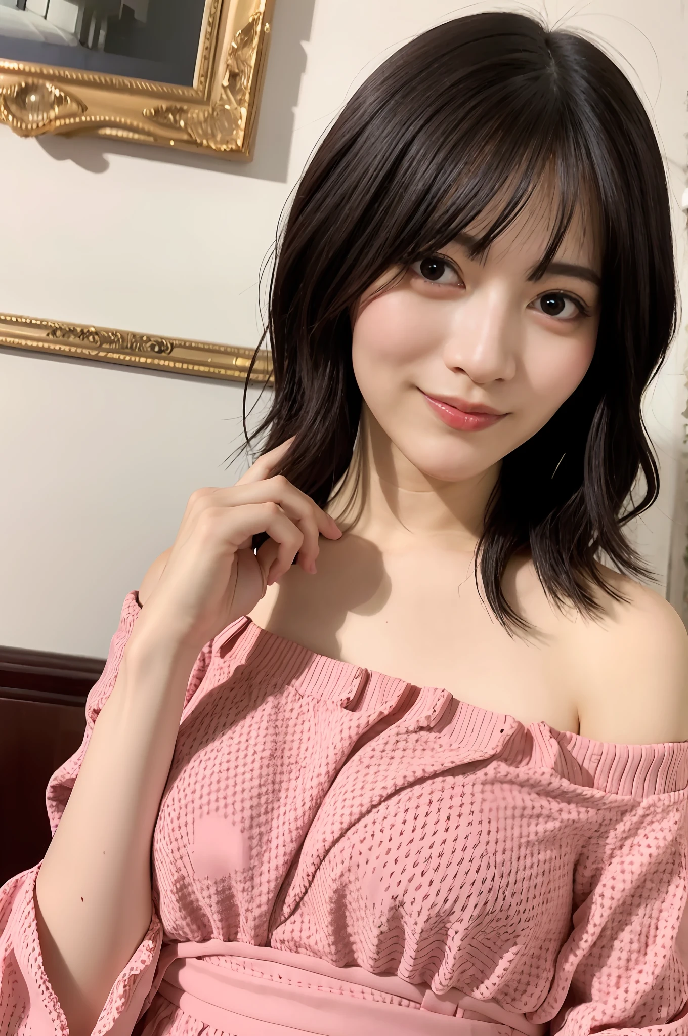 top-quality、Photorealsitic、8K、hight resolution、Perfect litthing、a gorgeous、​masterpiece、realisitic、closeup portrait、
1girl in、piercingeyes、off-the-shoulder sweater、middlebreasts、shorth hair、Look at viewers、kindly smile、in a cafe、in the room、a miniskirt