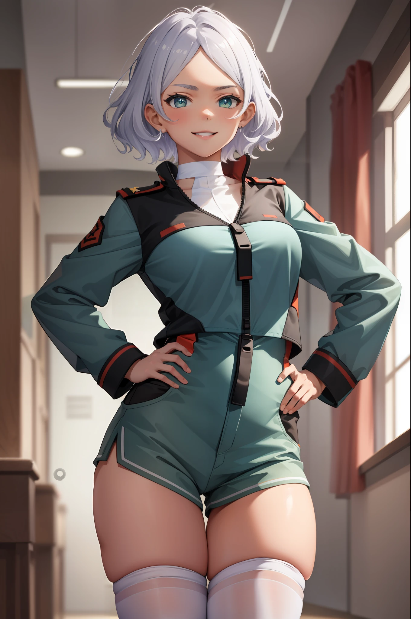 masterpiece, best quality, absurdres, perfect anatomy, 1girl, solo, Secelia Dote, short hair, SeceliaUniform, asticassia school uniform, partially unzipped, green shorts, white thighhighs, standing, smile, indoors, hands on hips, breasts