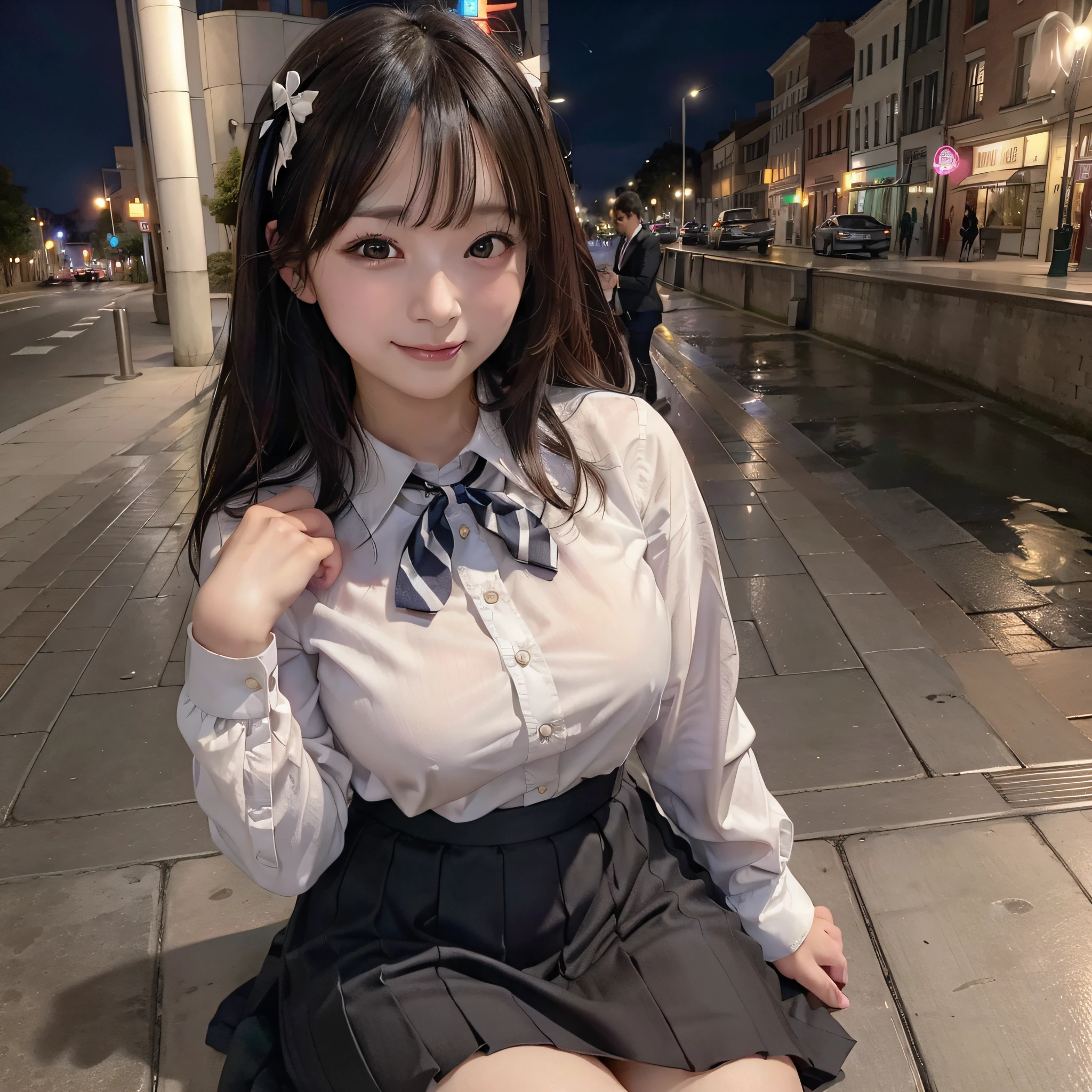 There is a woman who is on the street with a purse, fat pigeon, fat cat,(8k, RAW photo, best quality, masterpiece: 1.2), (realistic, photo-realistic: 1.37), ultra-detailed, 1 girl, cute, solo, beautiful detailed sky, detailed coffee, night, sitting, dating, (flushed nose), (smile: 1.1), medium breasts, beautiful detailed eyes, (collared shirt: 1.1), bow tie, pleated skirt,