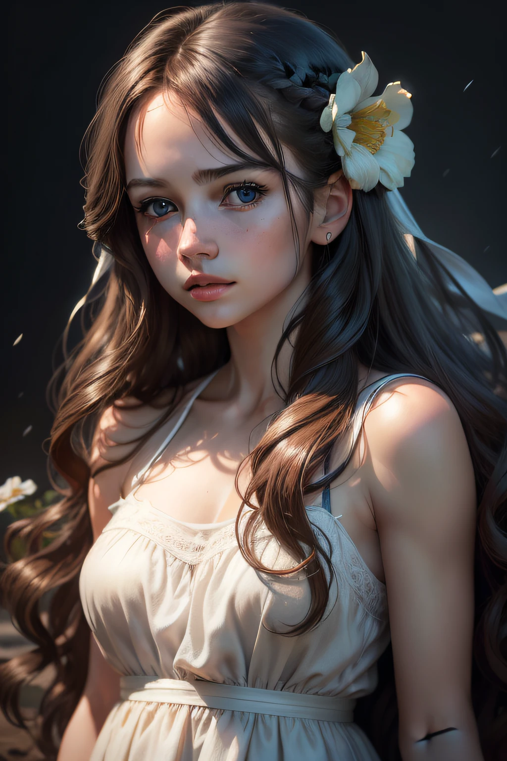 Best quality, masterpiece, ultra high res, (photorealistic:1.5), raw photo, 1girl, in the dark, deep shadow, low key, cold light, brunette color long wavy hair, white frock, flower band in hair, blue eyes, sexy look, 20s age group