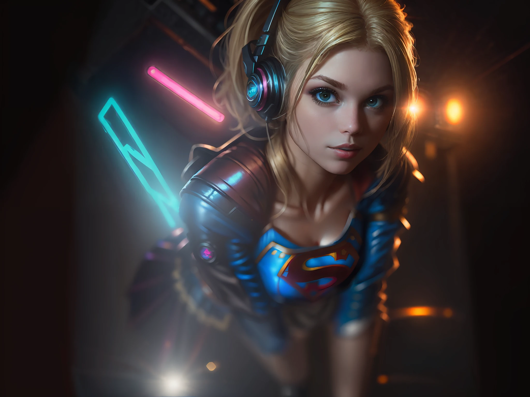 Best quality, realistic, blonde, award-winning Supergirl illustration, (complicated detail: 1.2), (fine detail), (complicated detail), (cinematic lights, best quality backlight), sharp lines, sharp focus, official art, unit 8k wallpaper, absurd, unbelievably absurd, huge file size, ultra- (in_main_street:1.21), (neon lamp), fantasy art, rtx,((triangle closeup photo by award-winning studio)),  1Supergirl, very pretty, (shut up), small breasts, ((Cyberpunk city Street, Battle Maiden)), perfect hands, beautiful detailed blue eyes, Perfect Face, (Cyberpunk blouse, leather jacket, Martin boots) ,,(headphones_around_hair),((pleated skirt) ), ((supermodel pose)),