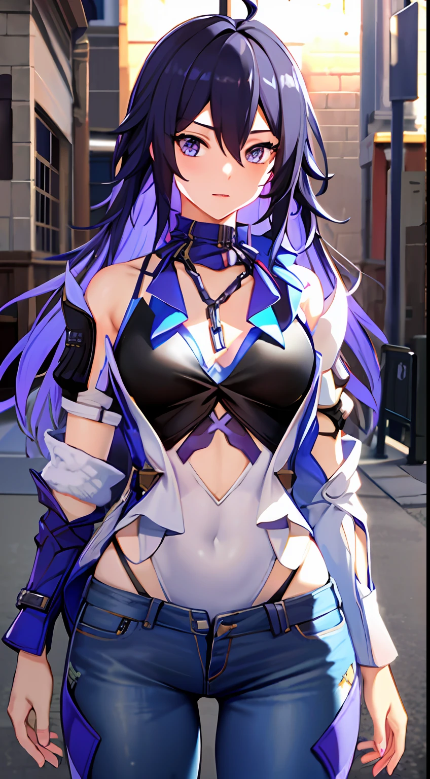 （（middlebreast，teens girl，small heads）），nigth，thunderstorm，（Well-defined abs：1.1），（perfect bodies：1.1），（longwavy hair：1.2），Blue-purple hair，collars，chain，Full body photo，crowding street，wearing a black tank top，jean jacket，（（shorter pants）），（Extremely detailed CG 8k wallpaper），（Extremely refined and beautiful），（tmasterpiece），（best qualtiy：1.0），（超A high resolution：1.0），beautiful light up，perfect lightning bolt，realistic shaded，[A high resolution]，Delicate skin，ultra - detailed，blue butterflies