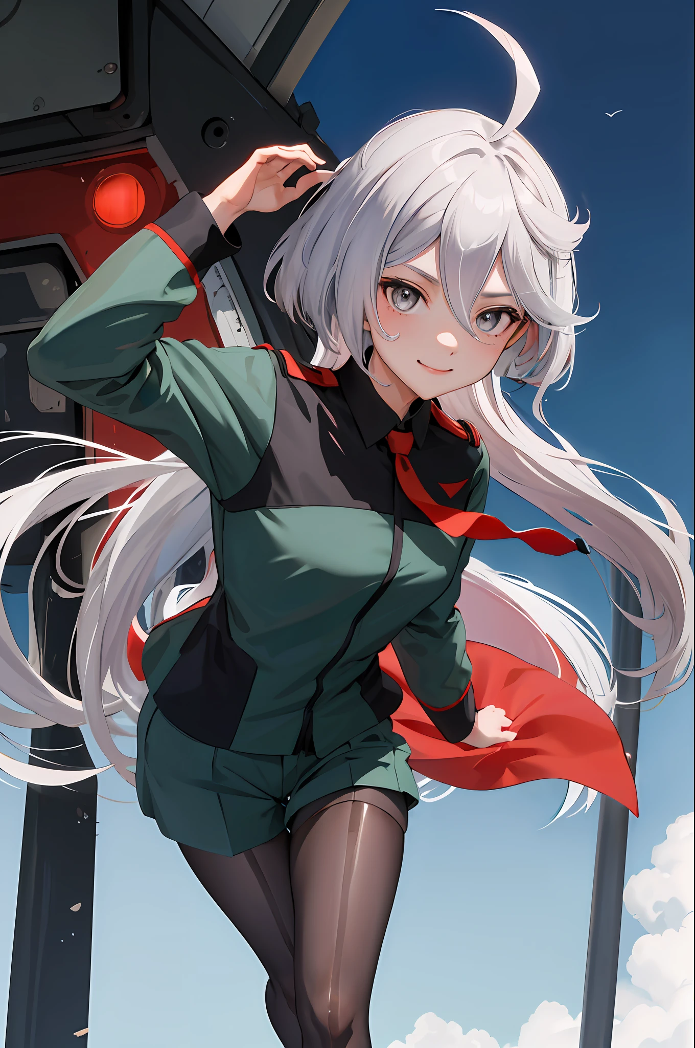 masterpiece, best quality, highres, miorine1, 1girl, miorine rembran, asticassia school uniform, solo, long hair, grey eyes, grey hair, ahoge, seamed legwear, green shorts, necktie, bangs, hair between eyes, black pantyhose, long sleeves, green jacket, floating hair, red necktie, street, holding tomato, smile,