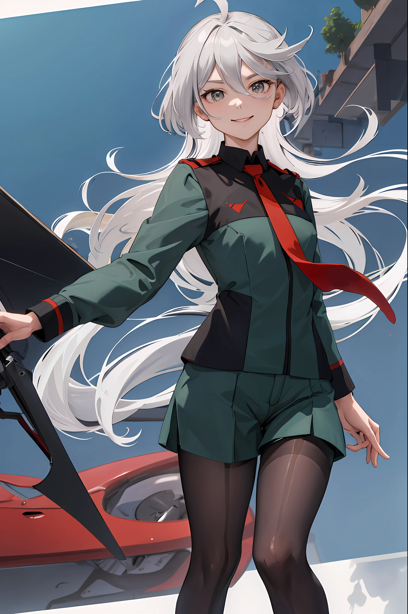 masterpiece, best quality, highres, miorine1, 1girl, miorine rembran, asticassia school uniform, solo, long hair, grey eyes, grey hair, ahoge, seamed legwear, green shorts, necktie, bangs, hair between eyes, black pantyhose, long sleeves, green jacket, floating hair, red necktie, street, holding tomato, smile,