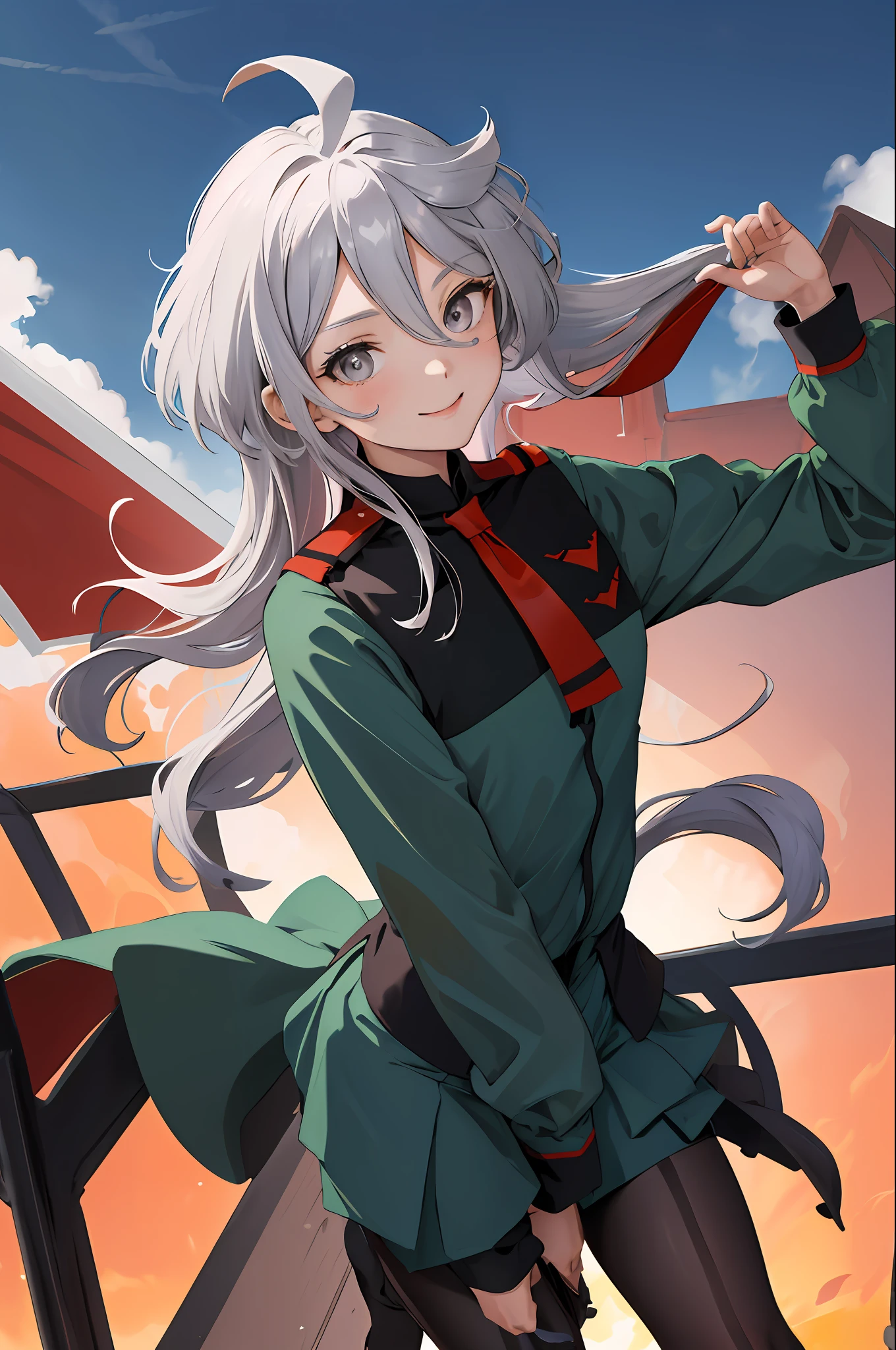 masterpiece, best quality, highres, miorine1, 1girl, miorine rembran, asticassia school uniform, solo, long hair, grey eyes, grey hair, ahoge, seamed legwear, green shorts, necktie, bangs, hair between eyes, black pantyhose, long sleeves, green jacket, floating hair, red necktie, street, holding tomato, smile,