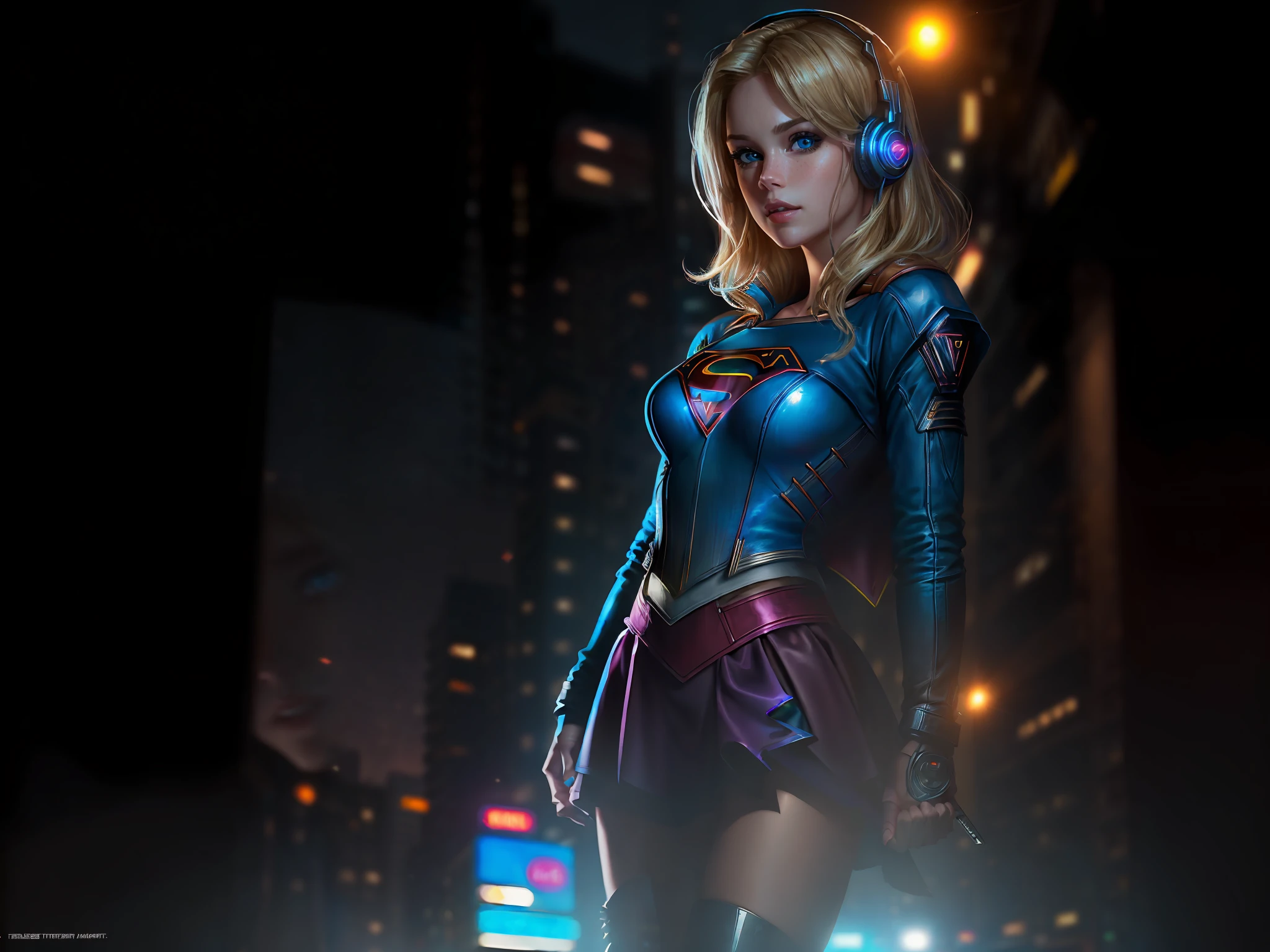 Best quality, realistic, blonde, award-winning Supergirl illustration, (complicated detail: 1.2), (fine detail), (complicated detail), (cinematic lights, best quality backlight), sharp lines, sharp focus, official art, unit 8k wallpaper, absurd, unbelievably absurd, huge file size, ultra- (in_main_street:1.21), (neon lamp), fantasy art, rtx,((triangle closeup photo by award-winning studio)),  1Supergirl, very pretty, (shut up), small breasts, ((Cyberpunk city Street, Battle Maiden)), perfect hands, beautiful detailed blue eyes, Perfect Face, (Cyberpunk blouse, leather jacket, Martin boots) ,,(headphones_around_hair),((pleated skirt) ), ((supermodel pose)),