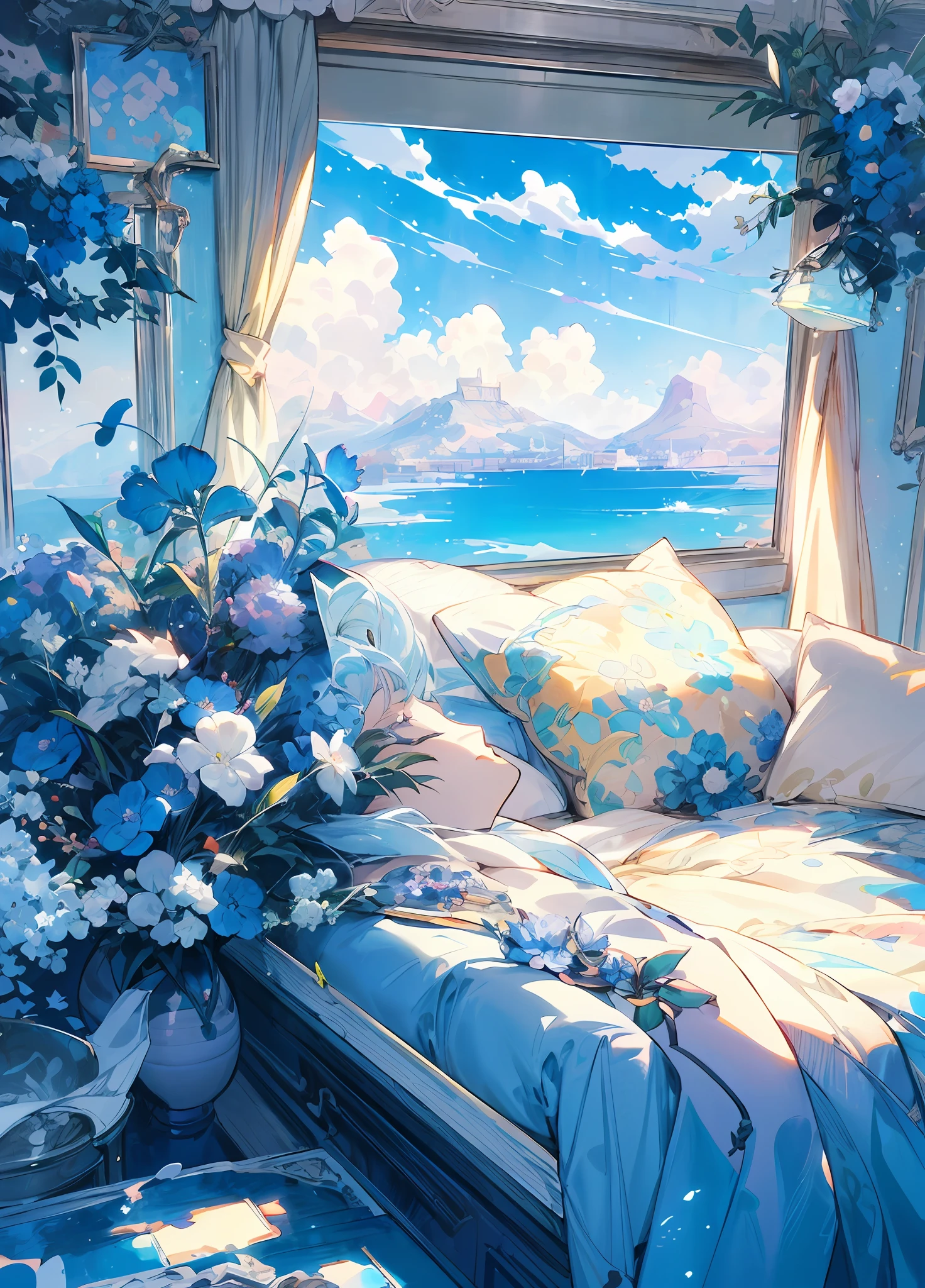 there is a painting of a bed with a blue flower arrangement, anime ...