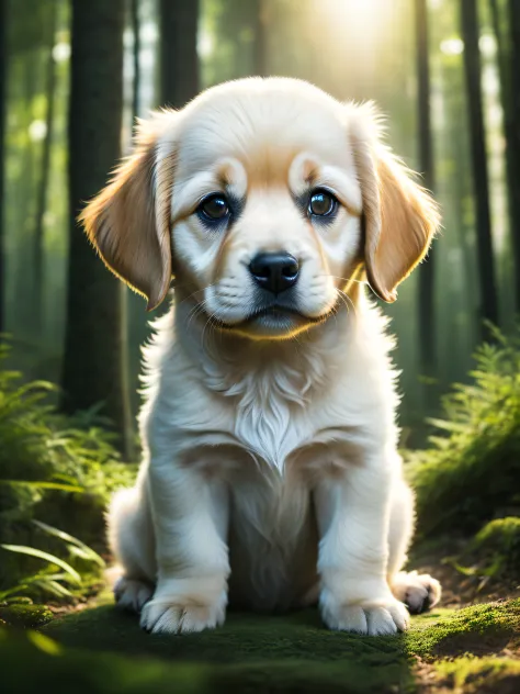 Close-up photo of a very cute sitting puppy in the forest，Soft volumetric light，（The light from the back window is backlighted：1.3），（cinematic ligh：1.2），Complicated details，（ArtStation：1.3），Rutkowski