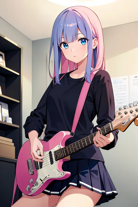 ((masterpiece,best quality))1girl, solo, black shirt, white skirt, blue eyes, long pink hair, playing guitar, pleated skirt, ind...