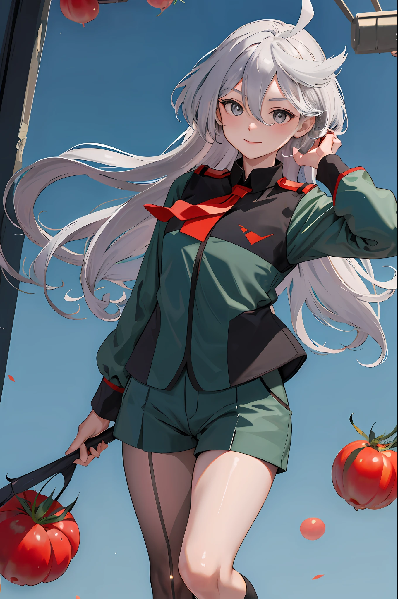 masterpiece, best quality, highres, miorine1, 1girl, miorine rembran, asticassia school uniform, solo, long hair, grey eyes, grey hair, ahoge, seamed legwear, green shorts, necktie, bangs, hair between eyes, black pantyhose, long sleeves, green jacket, floating hair, red necktie, street, ((holding tomato)), smile,